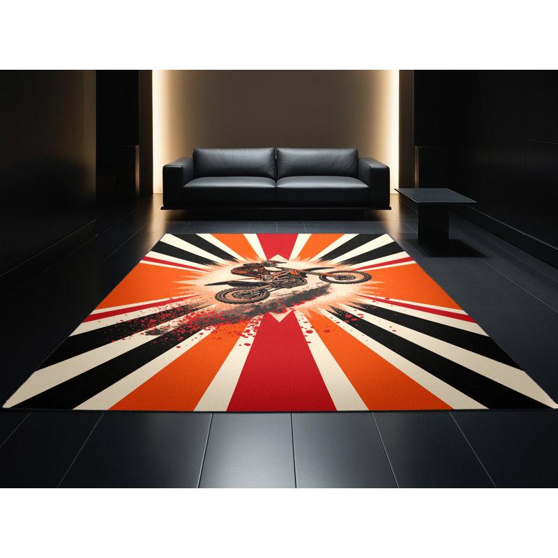 Tapis rouge foncé et noir lavable à la machine Aguilar Motocross, 2 x 3