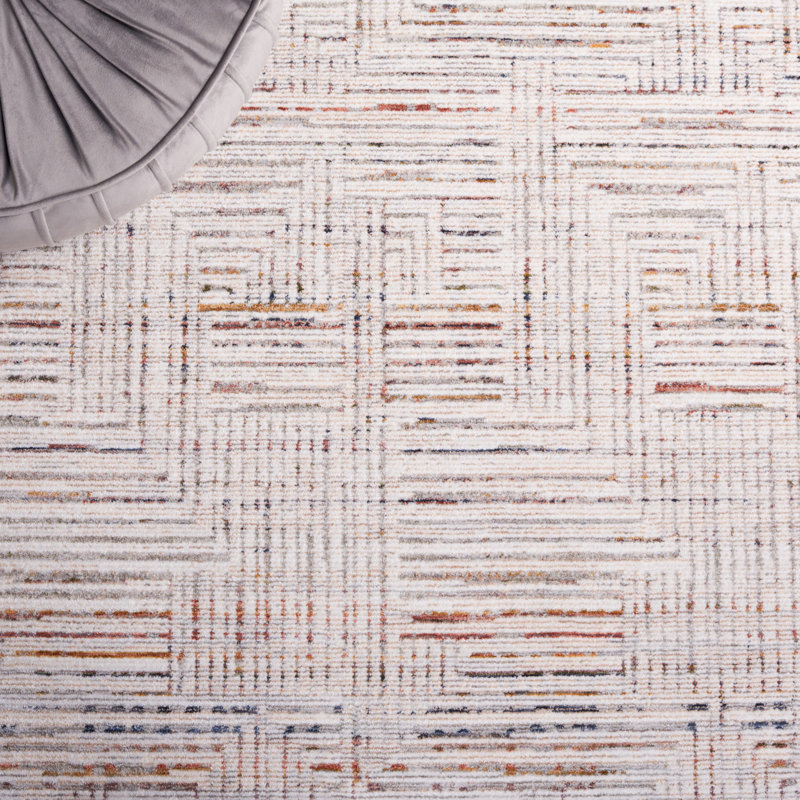 Tapis abstrait en polyester tissé à la machine en ivoire / gris / rouille, Carré 6 pi 3 po