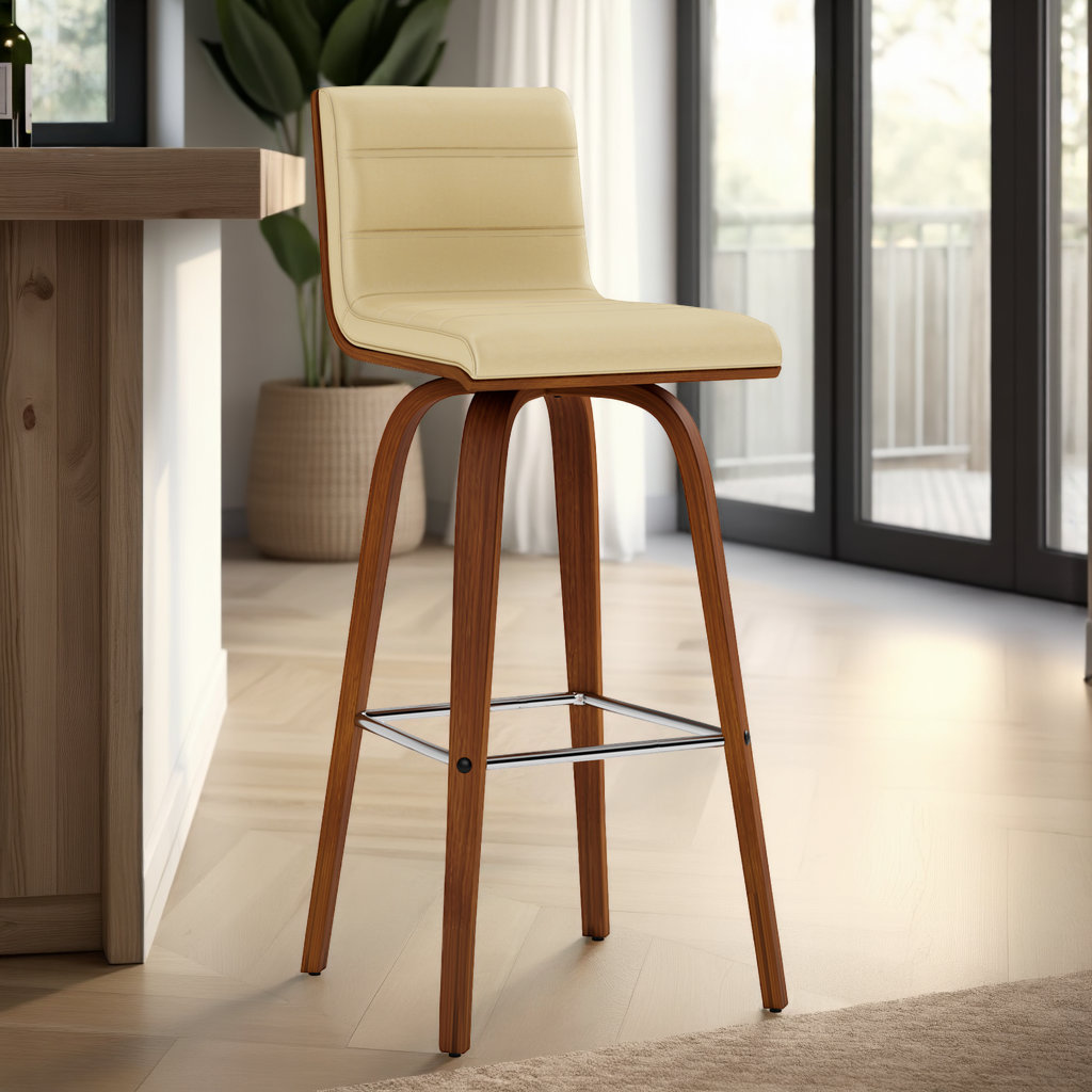 Biance Swivel Bar and Counter Stool, Bar Stool (30" Seat Height), Creme Faux Leather, Walnut
