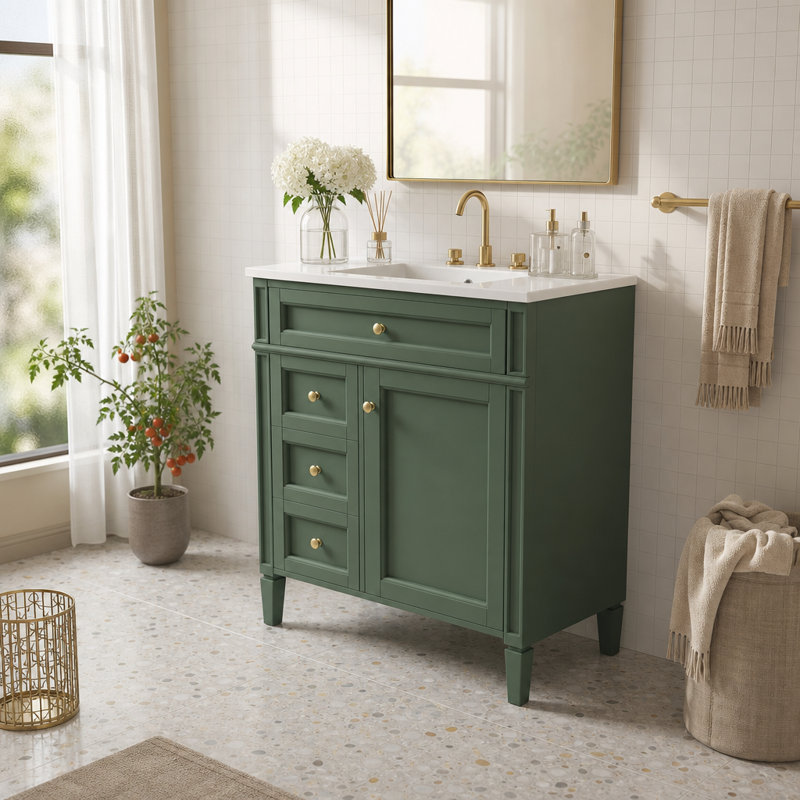 Meuble-lavabo autoportant vert sauge mat avec lavabo intégré blanc