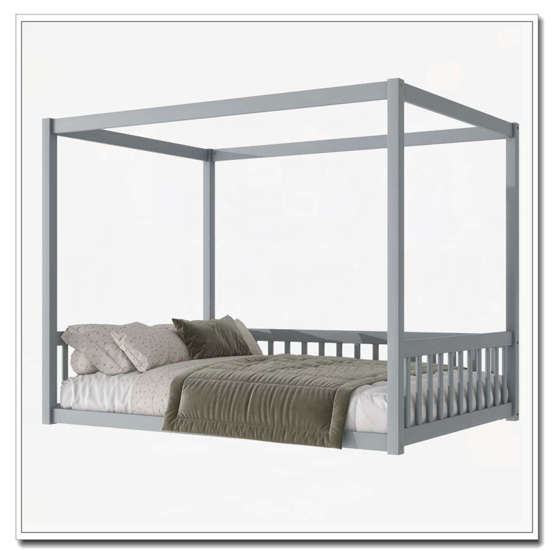 Lit en bois d'hévéa avec clôture Canopy, Gris