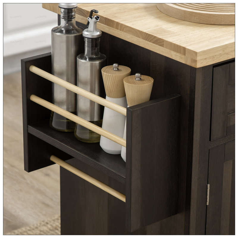 Chariot moderne pour îlot de cuisine avec étagère à épices, tablettes réglables et finition chêne pour un rangement et une mobilité accrus