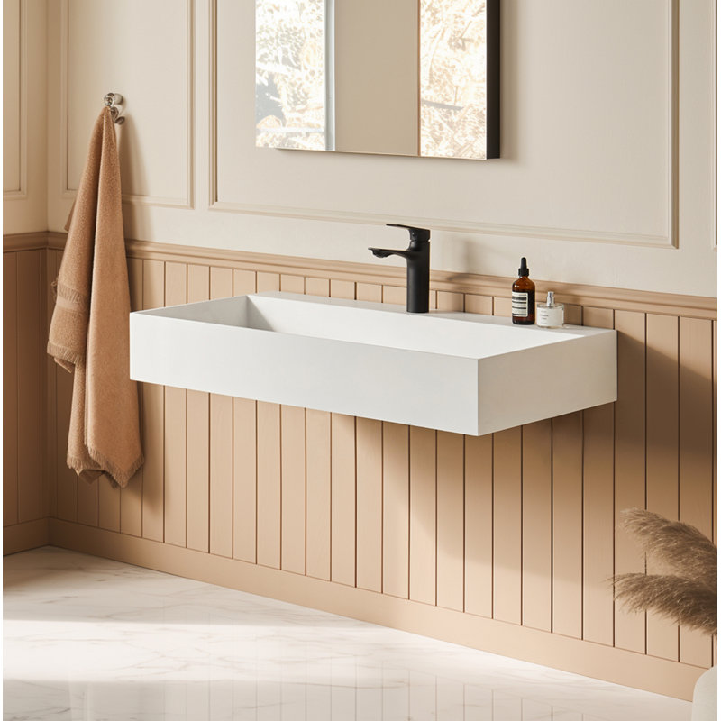 36" X 18" Solid Surface Wall Mount Rectangle Matte White Vessel Sink With Faucet Hole