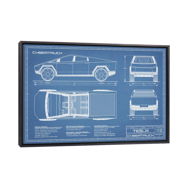 Blueprint de Tesla (2020-2022)-impression de dessin, Pas de tapis, H 18 po x l 26 po x P 1,5 po, Toile avec cadre noir patiné