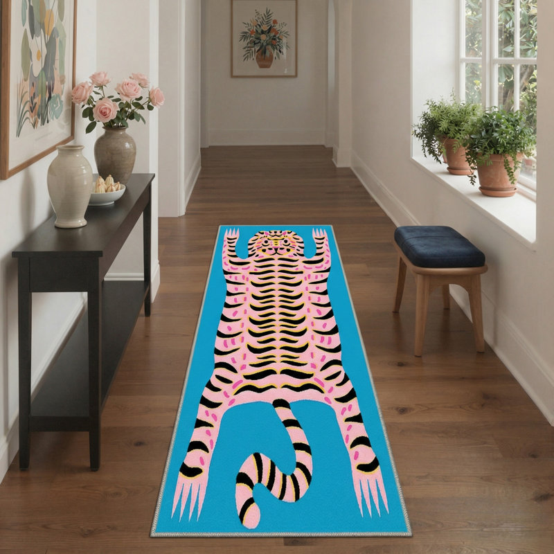 Tapis bleu / bleu marine / ivoire à imprimé animalier Abidi Funky, Bleu sarcelle en orbite, Tapis de couloir 2 pi x 6 pi