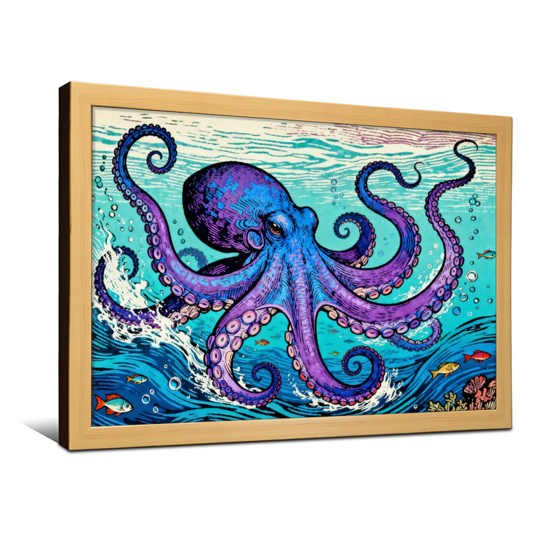 Imprimé animal, pieuvre, vagues de poisson, corail, H 16 po x l 24 po, Toile tendue, Ne s’applique pas