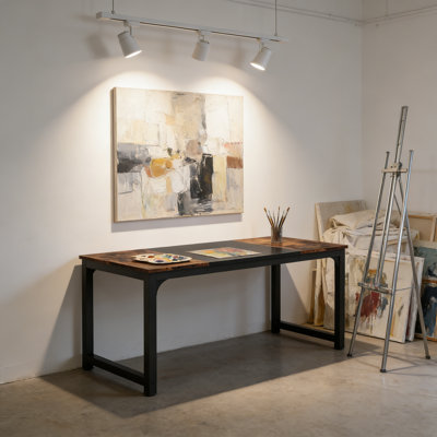 Rectangular Computer Desk With Wood Brown & Black Top And Black Metal Base For Home Work Area