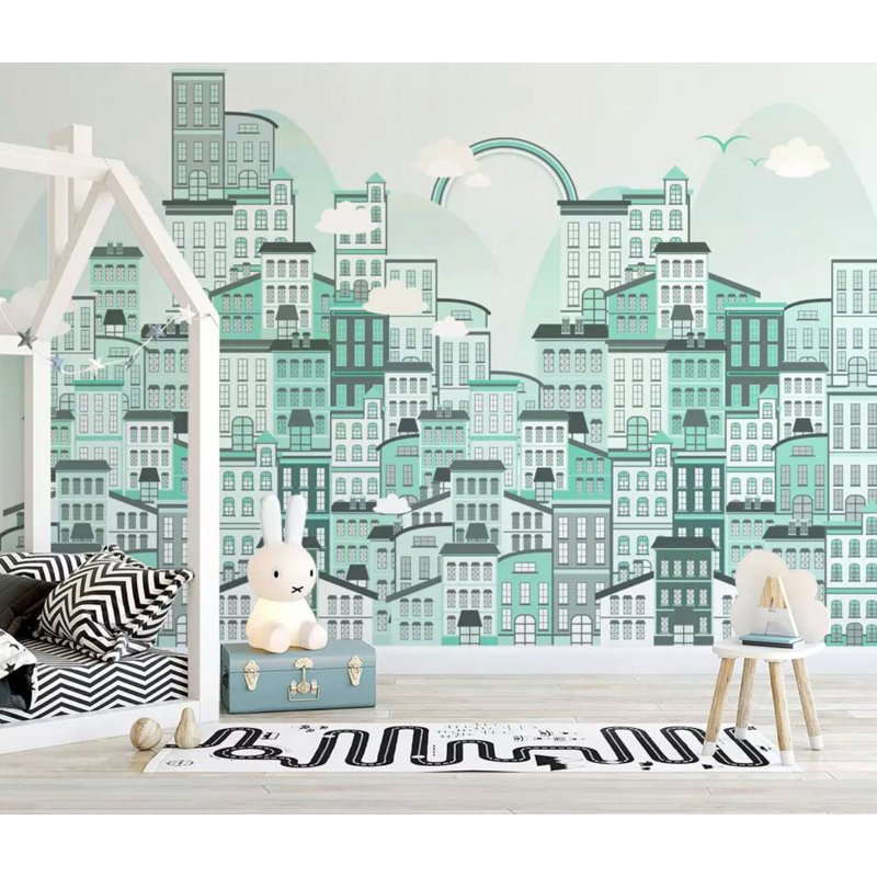 Adhésif mural paysage urbain avec petit arc-en-ciel Abd, L 75 po x l 112 po
