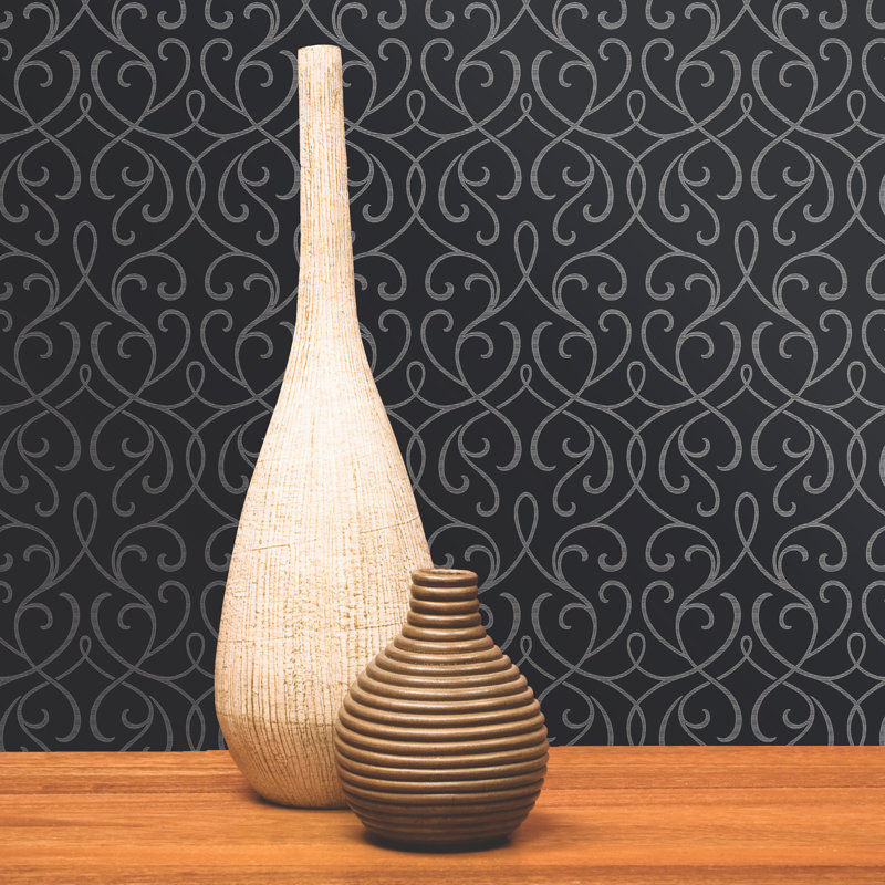 Siilata Mod Swirl 33' x 20.5" Scroll 3D Embossed Wallpaper, Charcoal