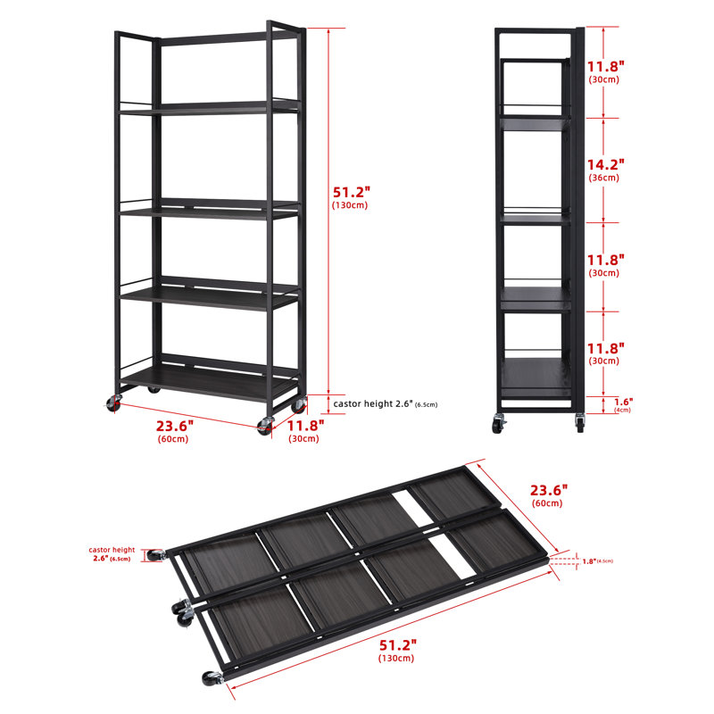 Bibliothèque pliante à 4 niveaux avec roulettes, support de bibliothèque en bois sans assemblage pour bureau à domicile (gris noyer)