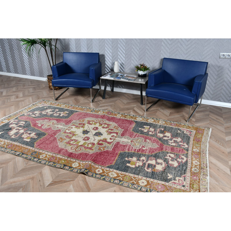 Grand tapis turc rétro idéal pour la salle à manger et la chambre à coucher en laine rouge pour la décoration organique d'Anatolia