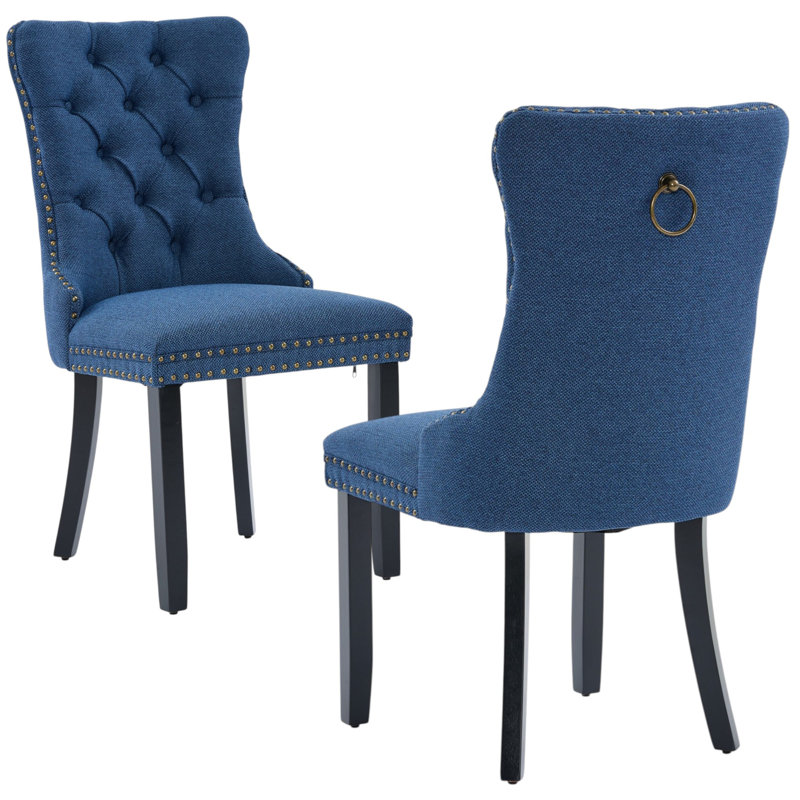 Modern Tufted Upholstered Dining Chair with Nailhead Trim and Solid Wood Legs, Black, Blue