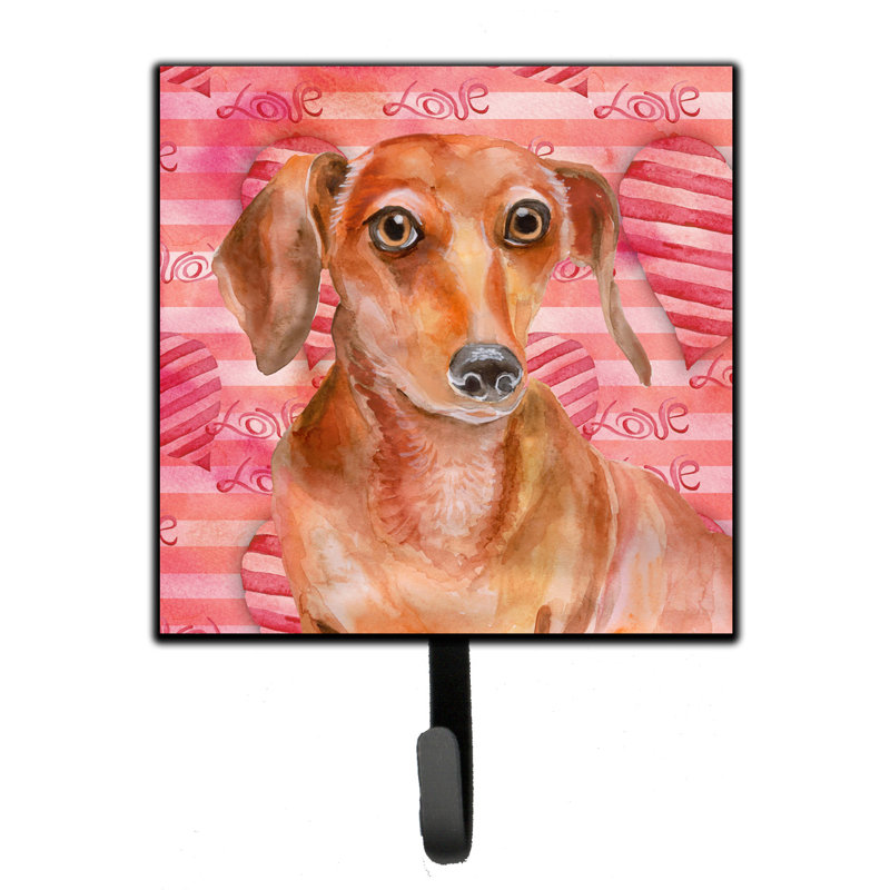 Saadet Metal Wall Organizer with Key Hooks, Dachshund, Pink/Brown/Ivory