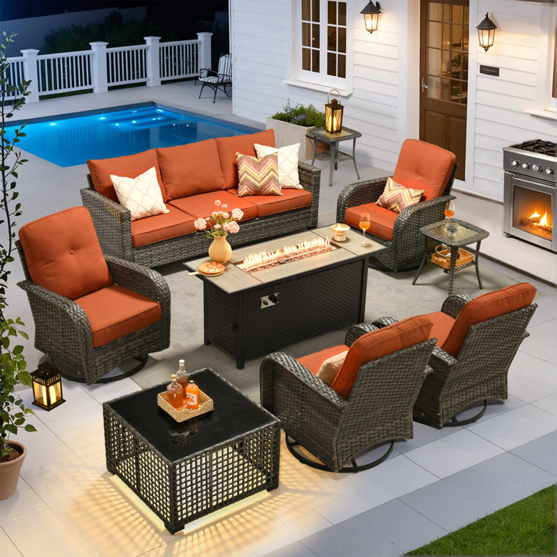 Allcot 7 - Person Patio Conversation Sets with Swivel Chairs and Cushions, Orange Red