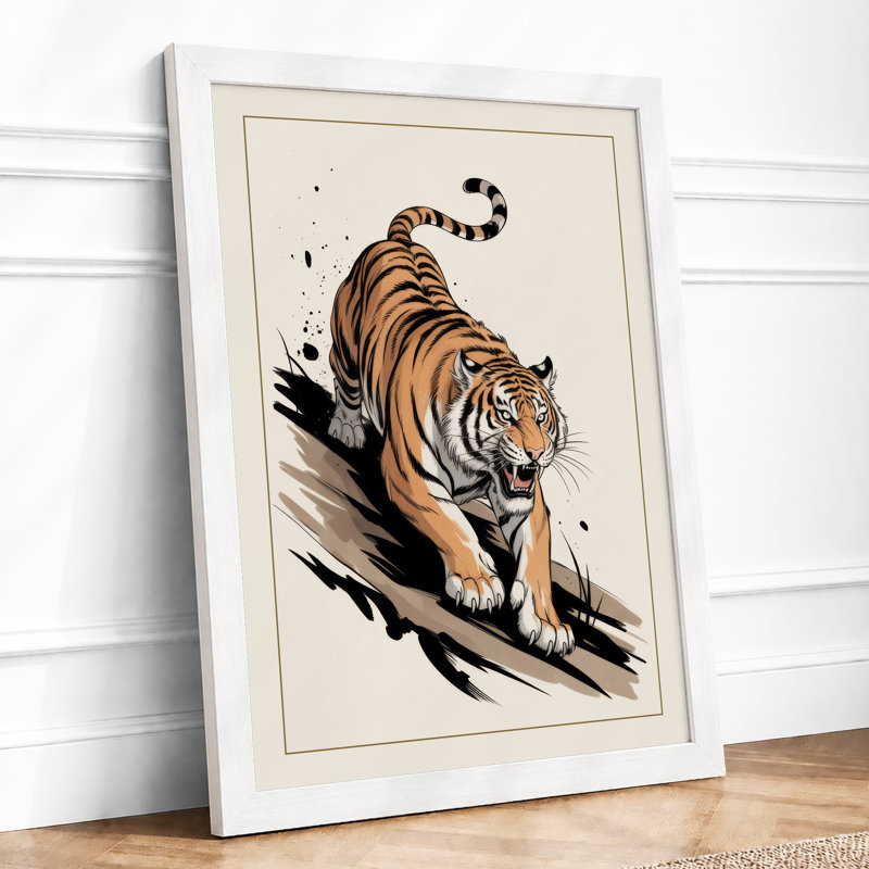 Stalking Tiger Japandi - Framed Print, A4 - 29.7 x 21.0 cm, White