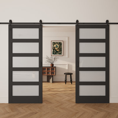 84"H x 60"W 5 Lites Black Wood Glass Sliding Barn Doors with Installation Hardware Kit PVC Surface (2 Doors)
