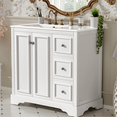 36-Inch Bathroom Vanity With Ceramic Sink, Divided Drawer, And Plastic Feet 36'' Transitional Solid Wood Structure, Painted Finish, 2 Soft-Close Doors