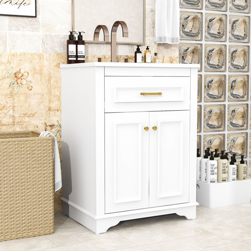 Meuble-lavabo de salle de bain avec lavabo en céramique intégré, tiroir basculant et tablettes réglables, Blanc
