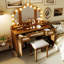 Coiffeuse de 113 cm avec tabouret, 13 ampoules de style Hollywood et 3 modes d'éclairage, miroir triptyque, grande coiffeuse avec tabouret rembourré, station de recharge, grand espace de rangement-840168323