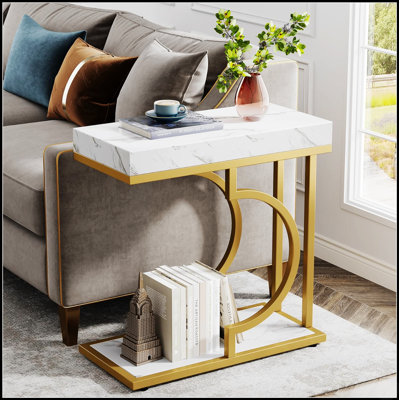 C-Shaped Sofa Side Table, 23.6 Inches Narrow End Table with Faux Marble Top & Gold Metal Frame – Modern Bedside Table, Small Snake Table for Couch or