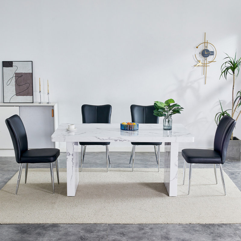 Dining Table Set, Marble Dining Table Set For 4, 63" White Marble Pattern MDF Tabletop And Legs, 4 PU Leather Kitchen Chairs With Chrome Plated Metal Legs For Kitchen.