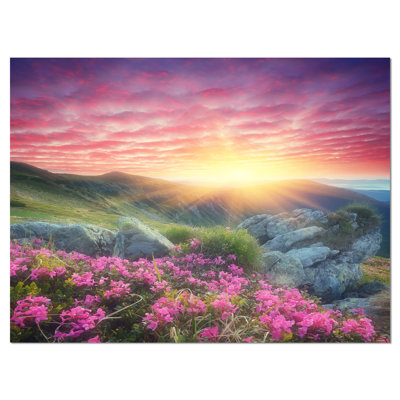 Reproduction d'art graphique sur toile tendue - Le matin avec des fleurs dans les montagnes