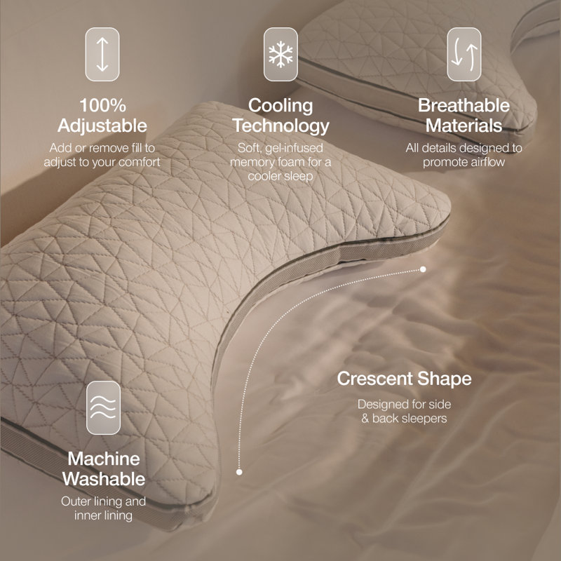Coop Home Goods Eden Cool Crescent Adjustable Pillow, King Size for Back and Side Sleepers - Medium Soft Gel Infused Memory Foam