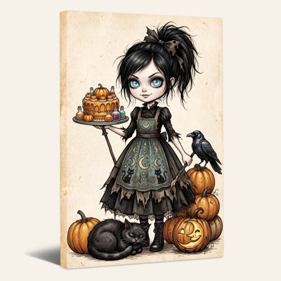 «Spooky Witch Girl» avec un gâteau à la citrouille et un chat noir
