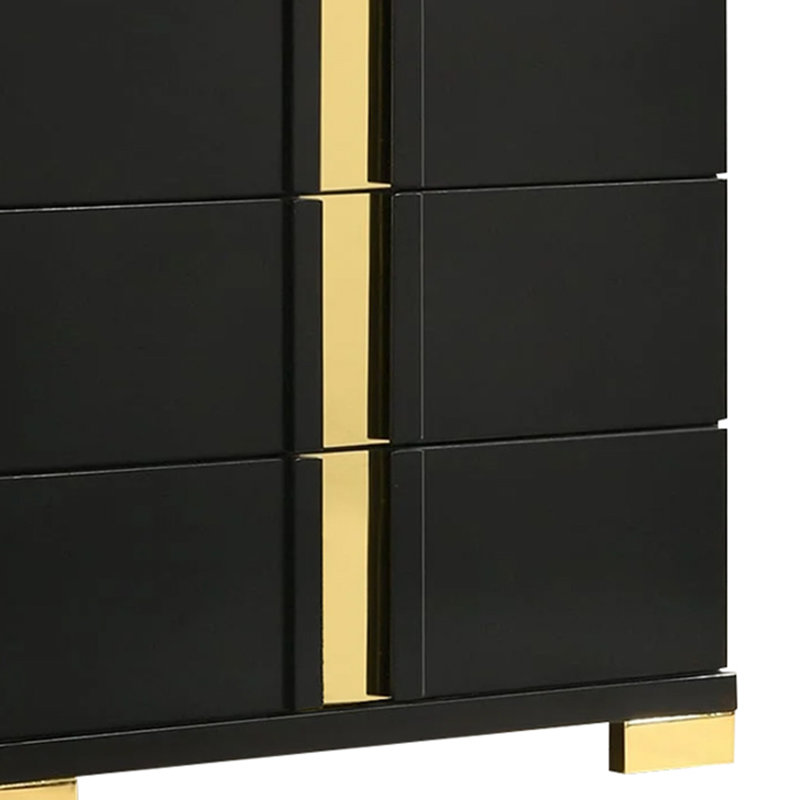 Yoki Tall Dresser Chest, 5 Drawers, Modern Glam Black And Gold, Black/Gold