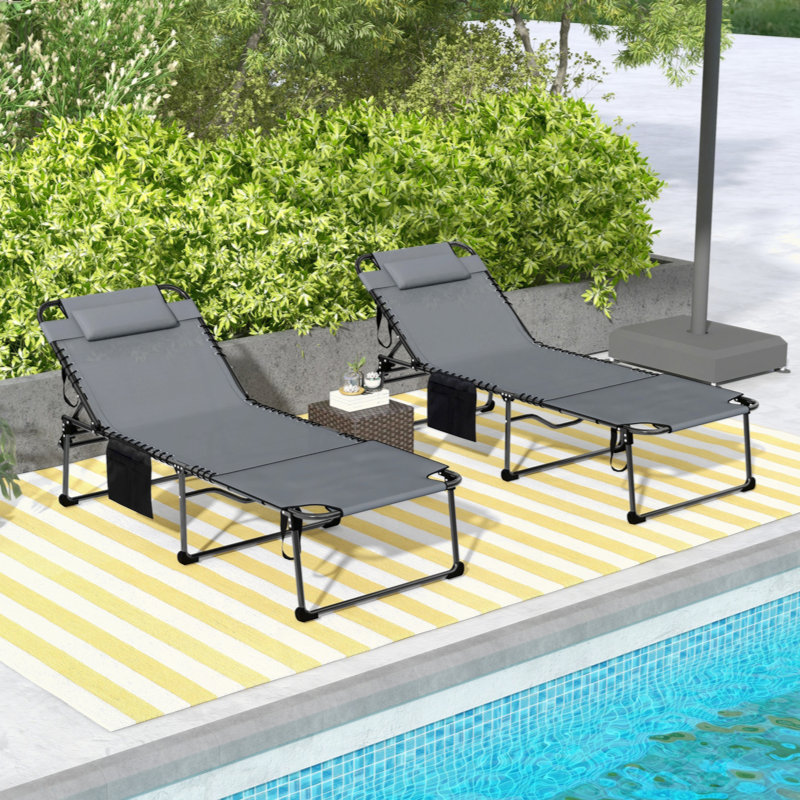 2 Piece Folding Chaise Lounge With 5-Level Reclining Back, Outdoor Tanning Chair With Reading Face Hole, Outdoor Lounge Chair With Side Pocket & Headrest For Beach, Yard, Patio