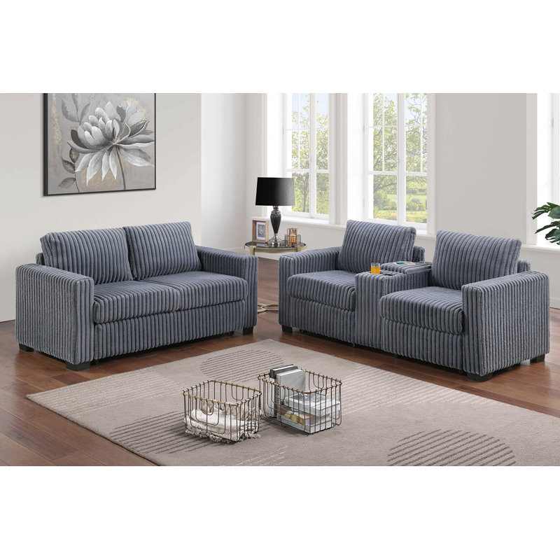 Modern Style 2Pc Sofa Set Back Cushion Plastic Legs Cup Holders Charging Port Corduroy Upholstered, Dark Gray