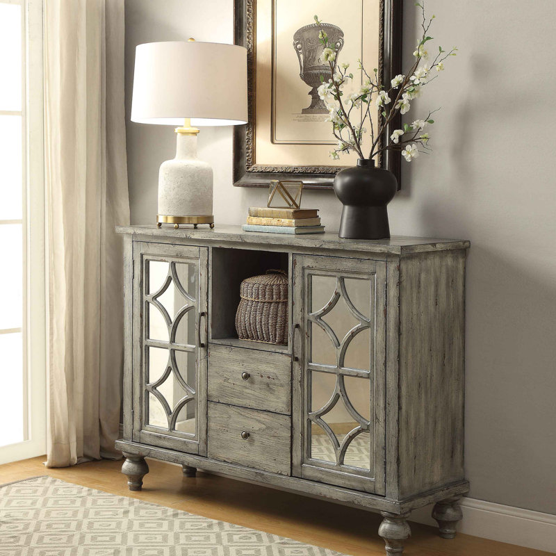 48" Weathered Gray Console Table with Mirrored Doors, 2 Drawers and Open Storage Shelf for Entryway Living Room