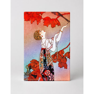 Femme avec arbre rouge et oiseaux - Portrait, art mural sur toile