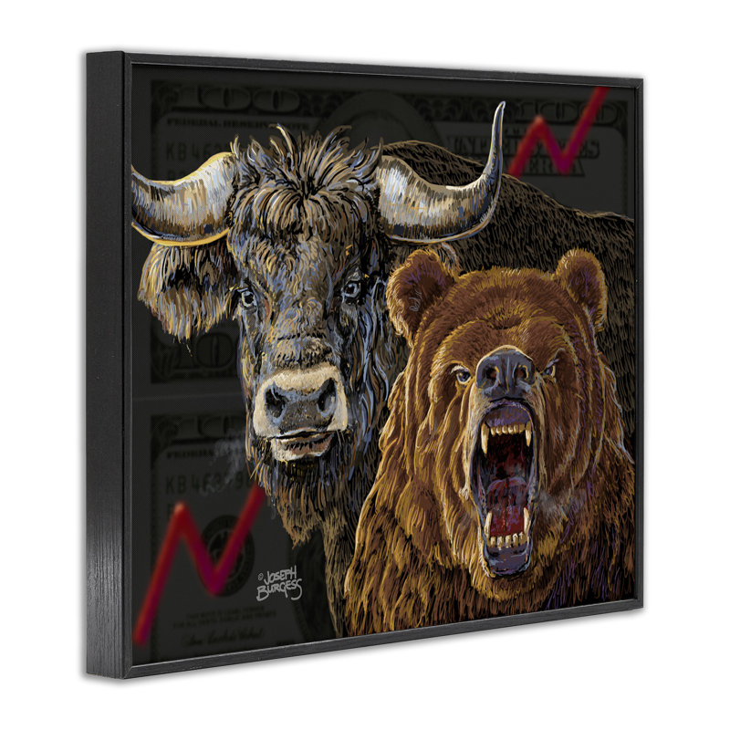 «Bull & Bear», art de la giclée encadrée par Joseph Burgess, H 11 po x l 14 po, Giclée encadrée noir minuit