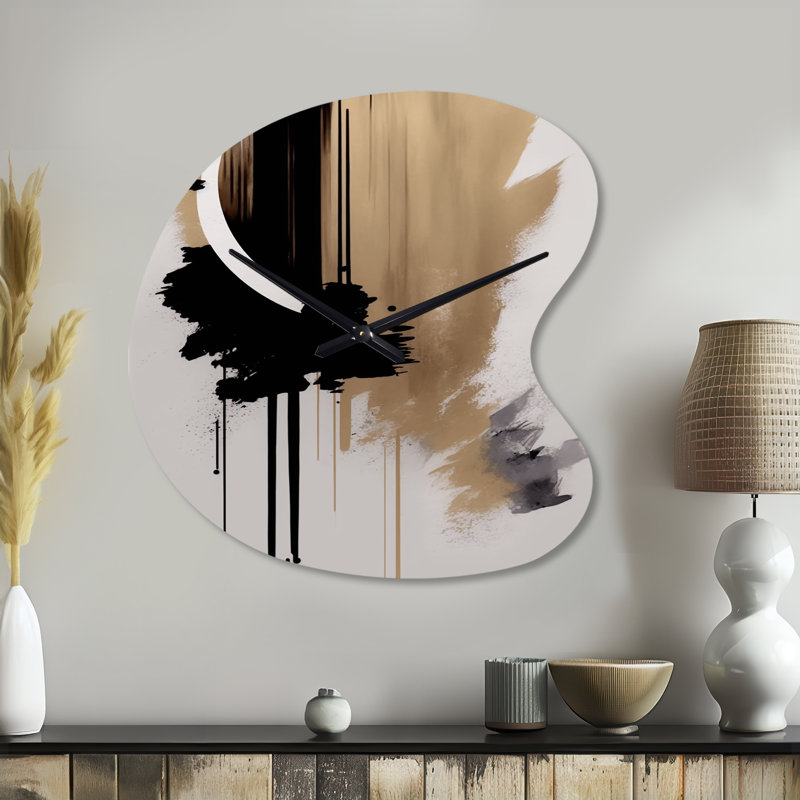 Horloge murale en métal noir, blanc et doré Tagiari Expression III - Impression abstraite asymétrique, Grand