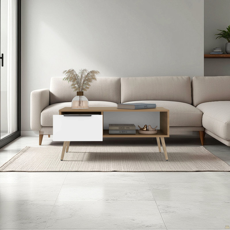 Table basse Basset, 1 tiroir, 1 tablette, 4 pieds