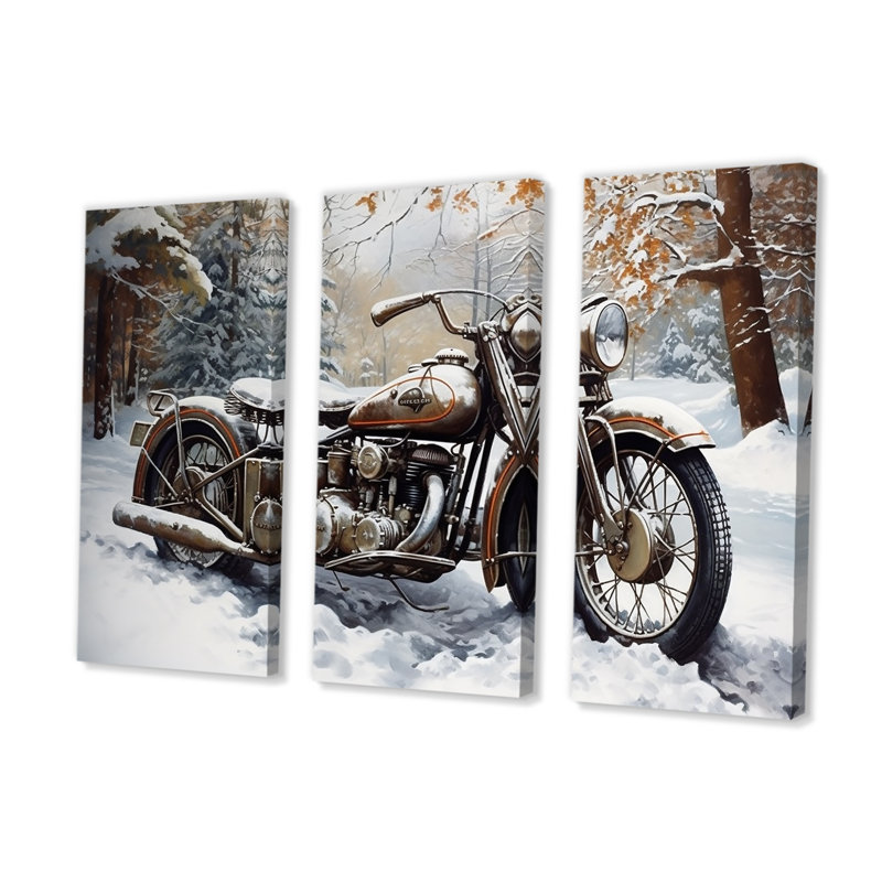 War Rustic War Bike In Winter - ensemble d'art mural moto, Toile tendue, H 32 po x l 48 po x P 1 po
