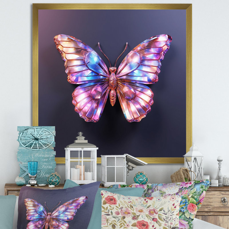 Papillon mauve et rose - art mural papillon, H 36 po x l 36 po x P 1,5 po, Cadre doré à une seule photo