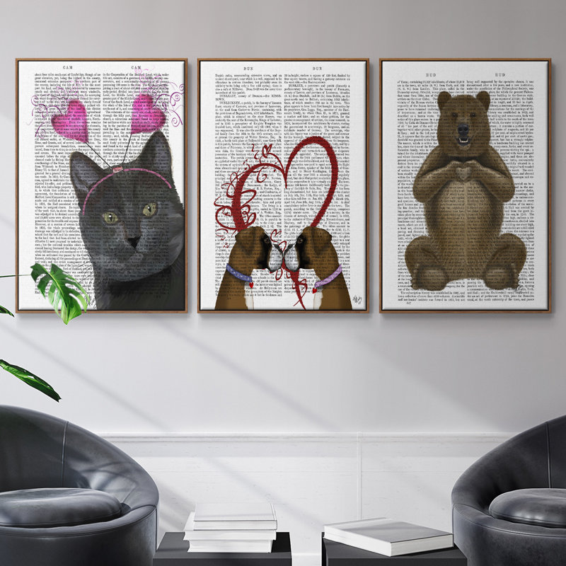Ours et cœur à la main, reproduction sur toile 3 pièces, H 36 po x l 72 po x P 2 po, Noyer