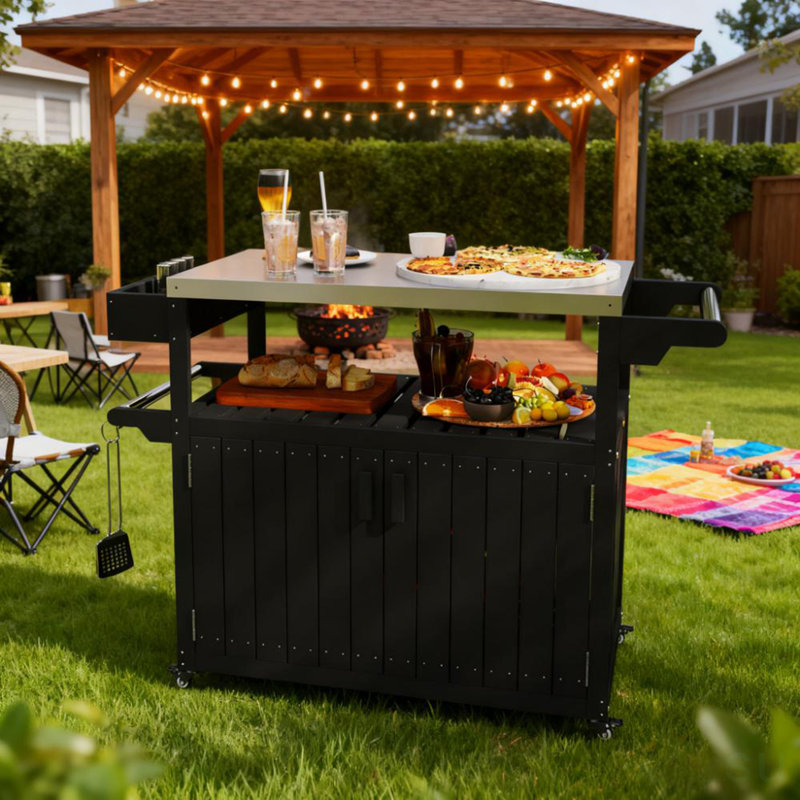 Outdoor Bar Table Top,Outdoor Bar Cart With Storage,Wheeled Kitchen Island For Food Prep, Black/Silver
