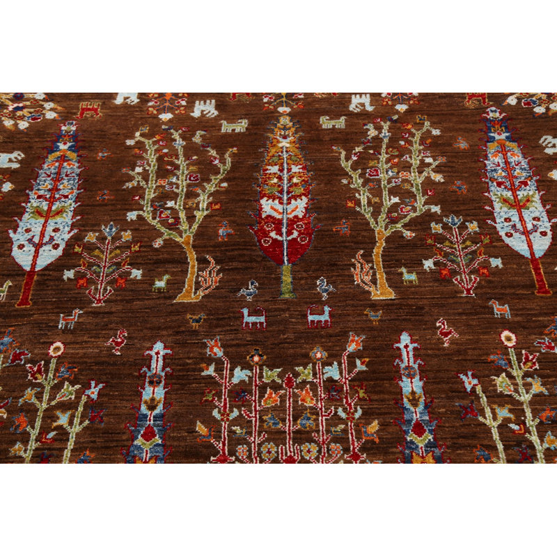 Tapis brun en laine noué à la main de conception unique 4 pi 9 po x 6 pi 6 po New Age