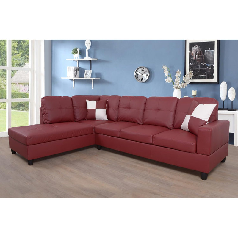 Bawan Faux Leather L-Shaped Sectional, Red Faux Leather, Left Hand Facing