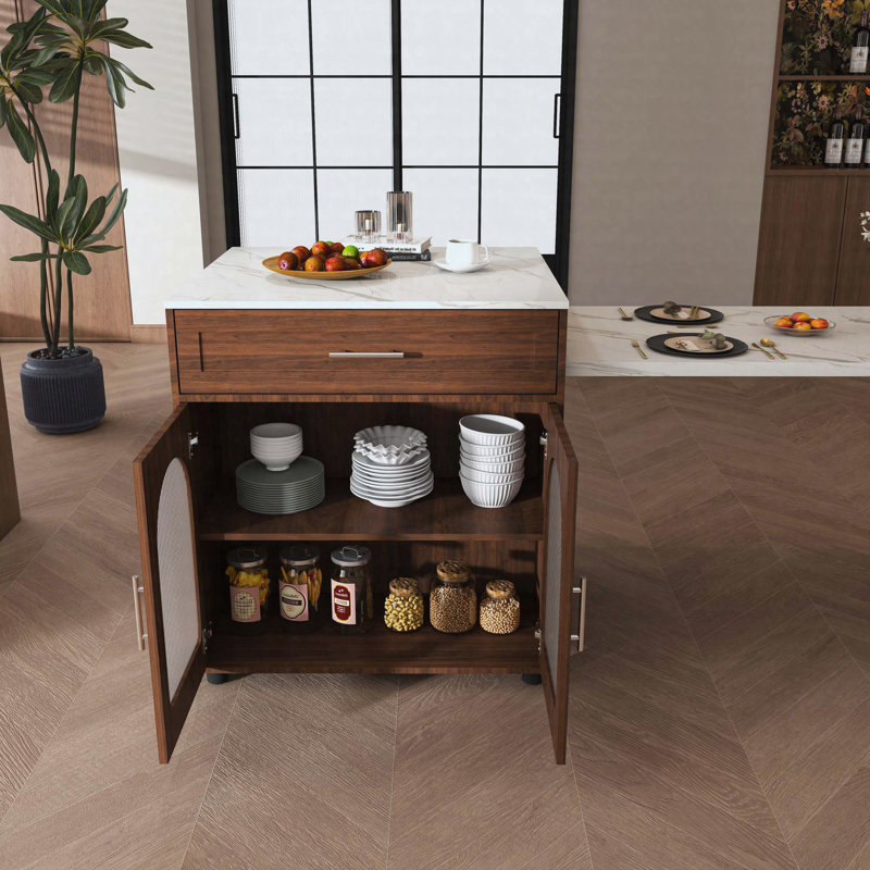 Îlot de cuisine de 80 pouces avec table de salle à manger, comptoir en grain de marbre avec prise de courant, chariot de rangement mobile avec armoire et 2 tiroirs, table de préparation de cuisine à finition noyer