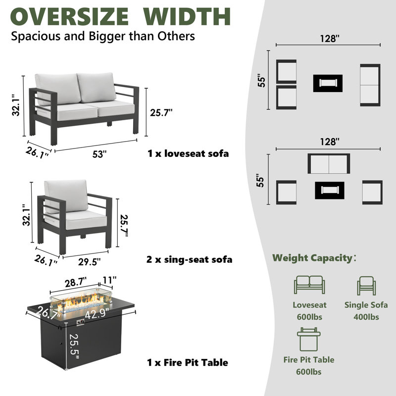 Ensemble de conversation canapé avec foyer pour 4 personnes, Gris clair, Gris