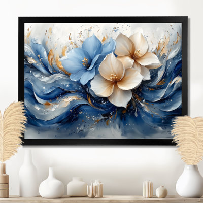 «Blue White Plumeria Radiance - Plumeria», reproduction d'art sur toile encadrée