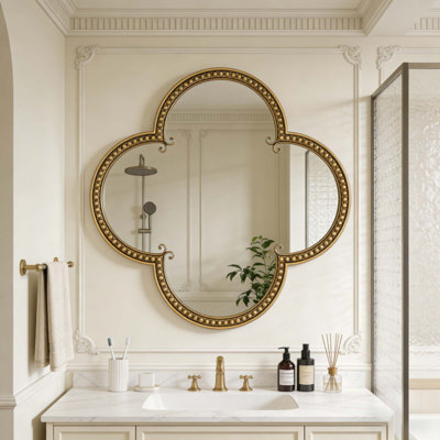 Miroir à quatre feuilles, miroir décoratif irrégulier et orné, miroir mural avec grand cadre en métal perlé, miroirs glamour pour salle de bain, salon, salle à manger, chambre, foyer, entrée