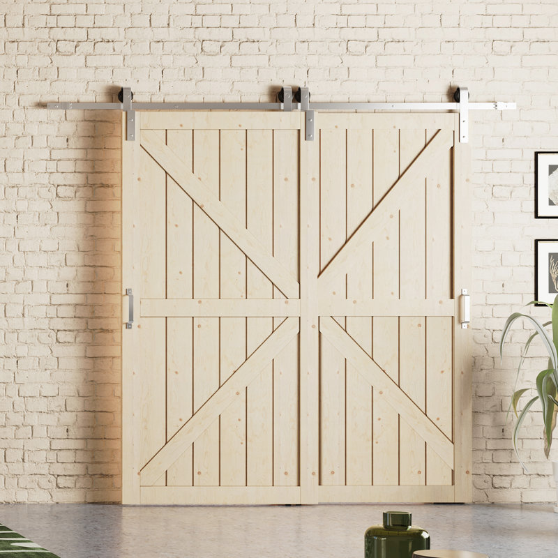 Porte de grange coulissante - Ensemble de quincaillerie en bois de pin massif préfini naturel de style K avec dérivation en nickel