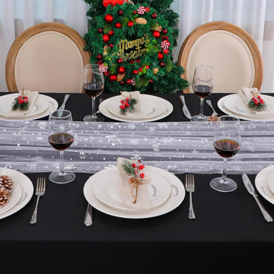 Snowkingdom Silver White Snowflake Table Runner 10 FT Christmas Sheer Chiffon Gauze Cheesecloth Runner, 120 Inch Winter Sparkly Sequin Party Dining Table Decorations For Christmas Holiday New Year