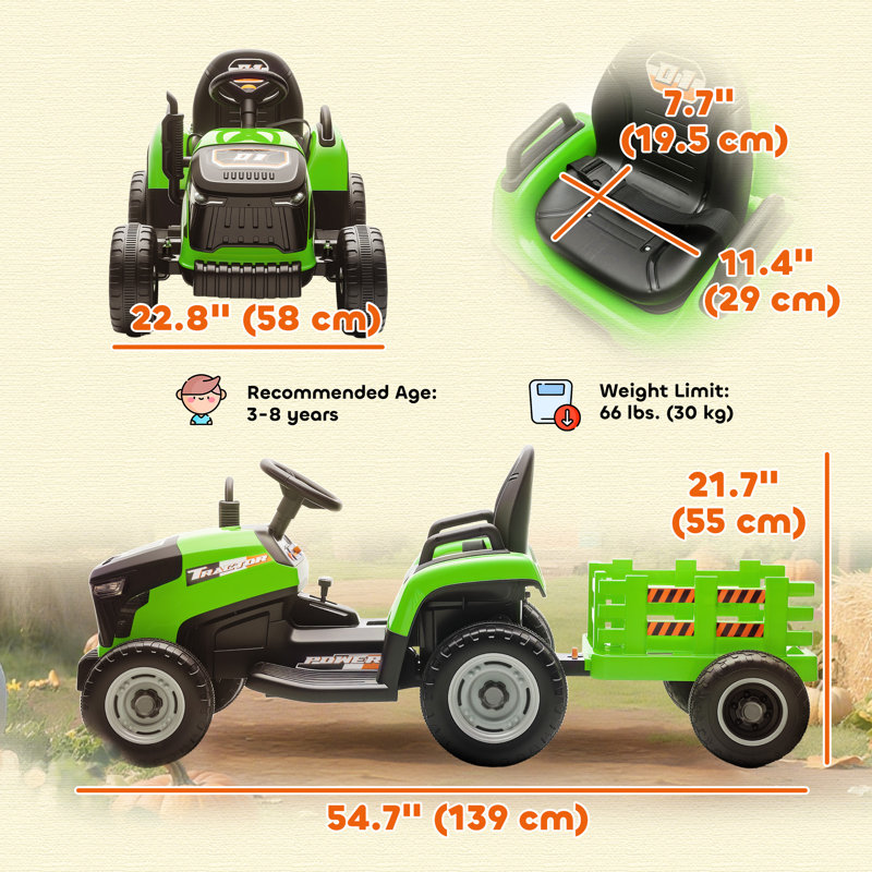 Kids Ride On Tractor with Trailor, 12V Kids Ride on Car, vert, Vert