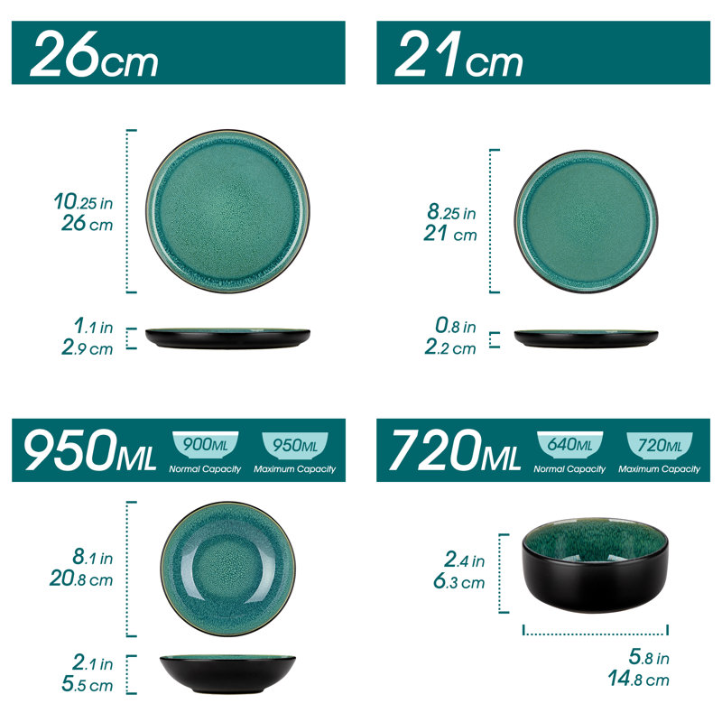16 Piece Stoneware Dinnerware Set - Service for 4, Green
